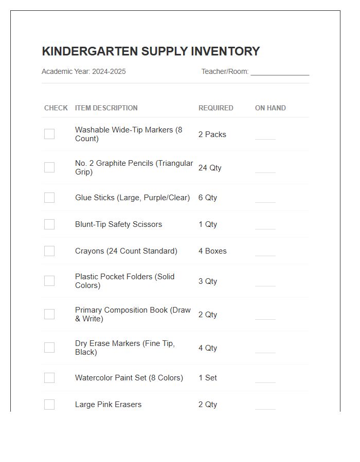 Kindergarten Stationery Supply List Inventory Printable Chart