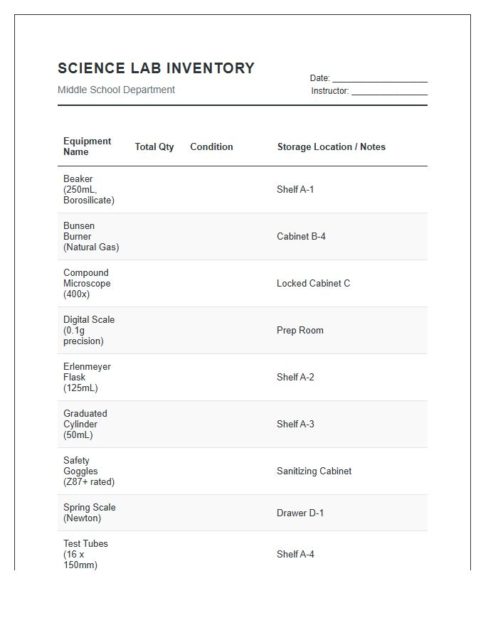 Middle School Science Lab Equipment Inventory Printable Chart