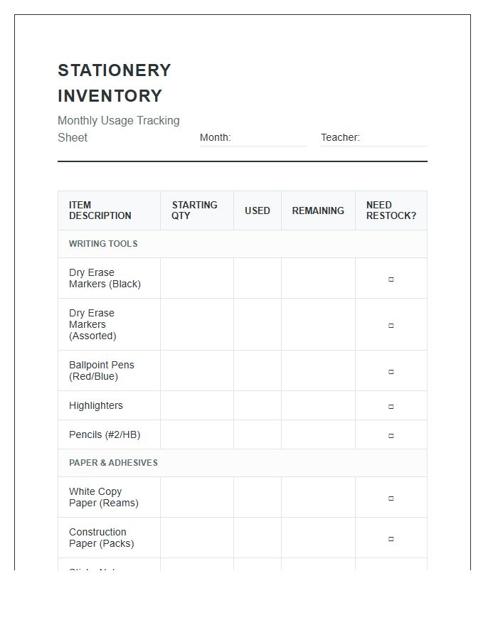 Monthly Teacher Stationery Usage Inventory Printable Chart