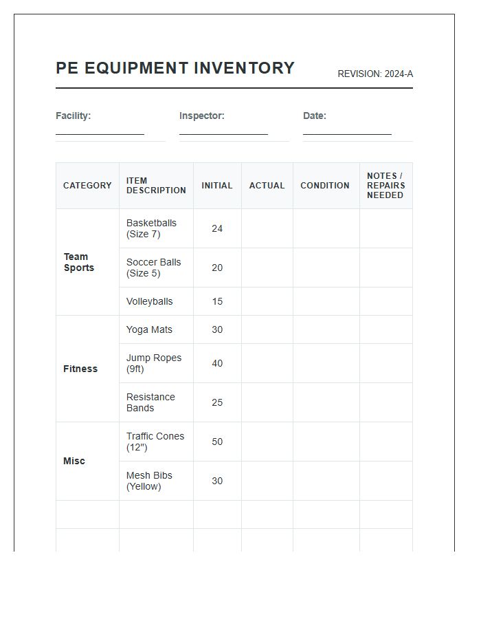 Physical Education Equipment Stock Inventory Printable Chart