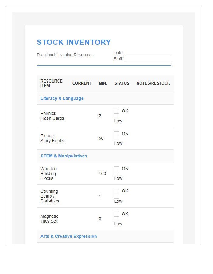 Preschool Learning Resource Stock Inventory Printable Chart