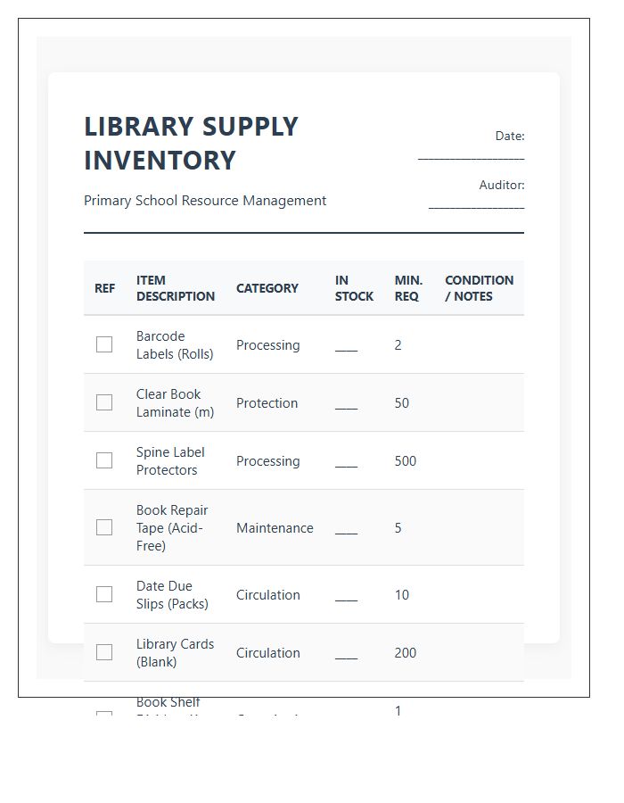 Primary School Library Supply Inventory Printable Chart