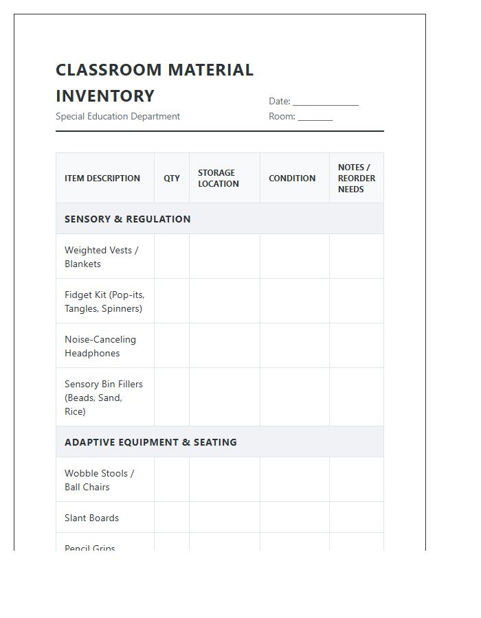 Special Education Classroom Material Inventory Printable Chart