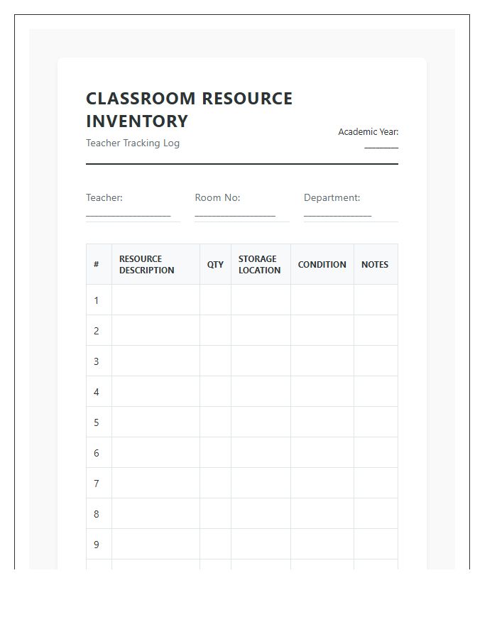 Teacher Classroom Resource Tracking Inventory Printable Chart