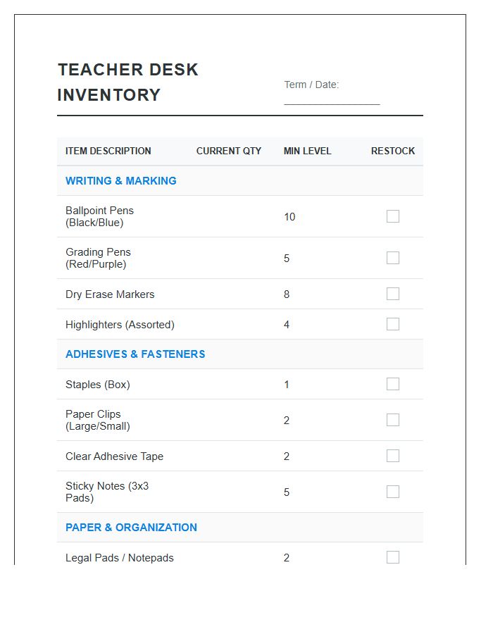 Teacher Desk Accessory Stock Inventory Printable Chart