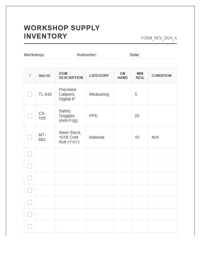 Vocational Training Workshop Supply Inventory Printable Chart