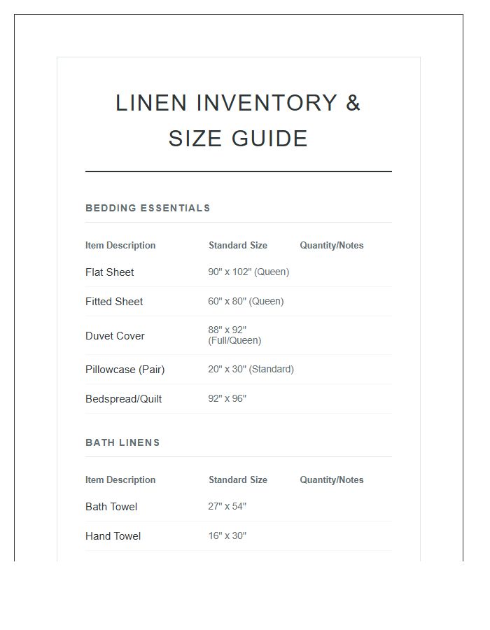 Bedding And Bath Linen Printable Chart