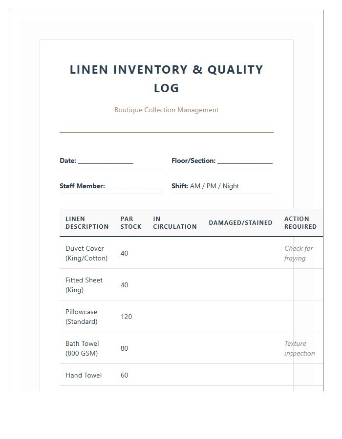 Boutique Hotel Linen Management Printable Chart