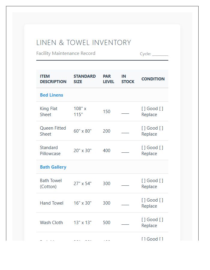 Commercial Linen And Towel Printable Chart