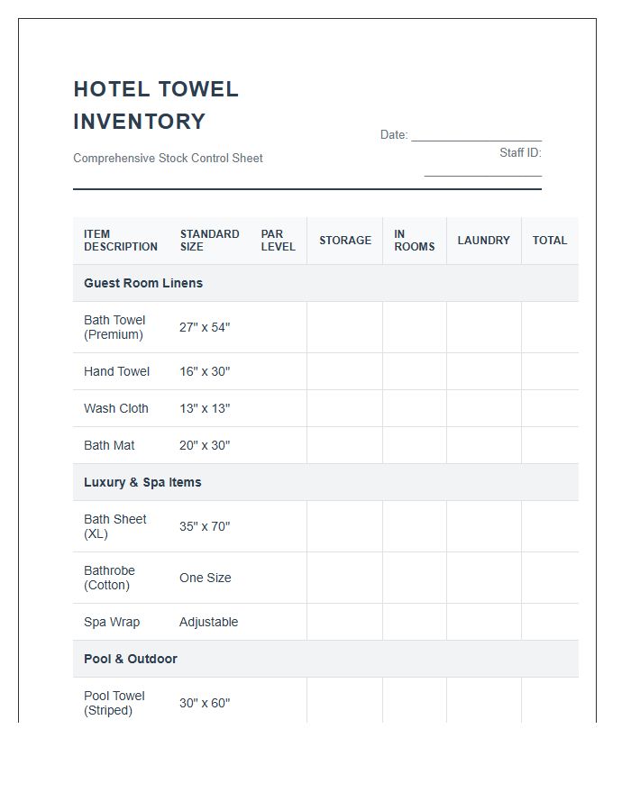 Comprehensive Hotel Towel Inventory Printable Chart