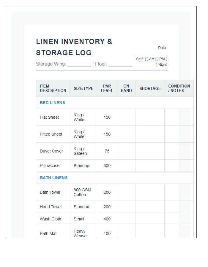 Detailed Hotel Linen Storage Printable Chart