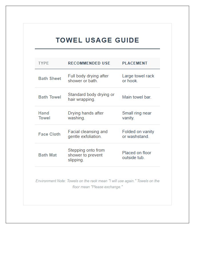 Essential Hotel Towel Usage Printable Chart