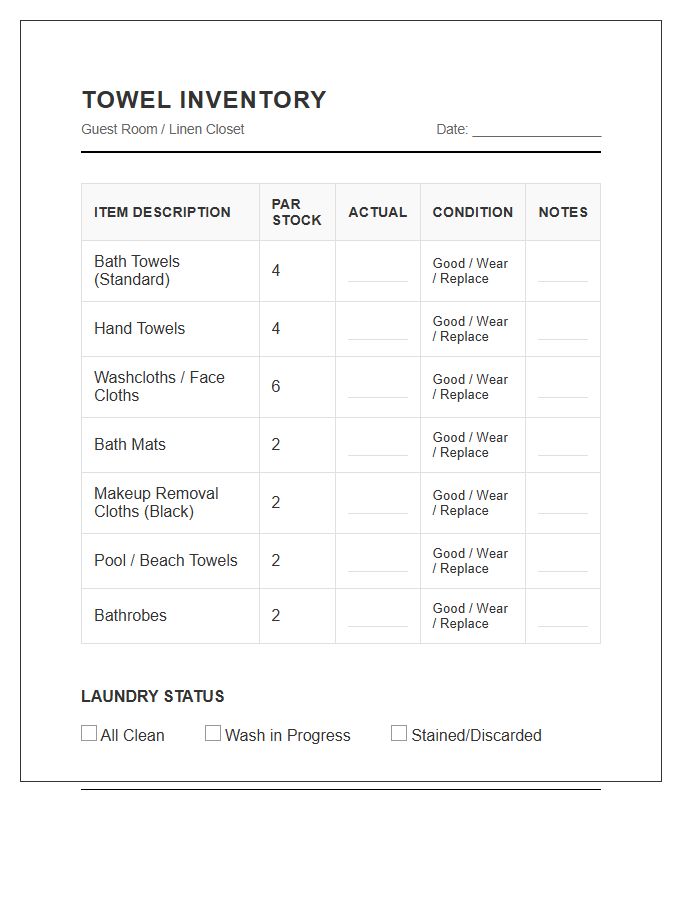 Guest Room Towel Inventory Printable Chart
