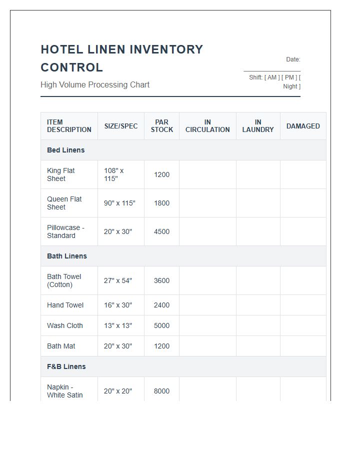 High Volume Hotel Linen Printable Chart