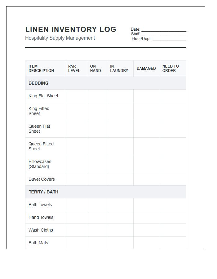 Hospitality Linen Supply Inventory Printable Chart