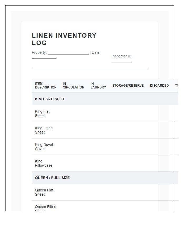 Hotel Bed Linen Inventory Printable Chart
