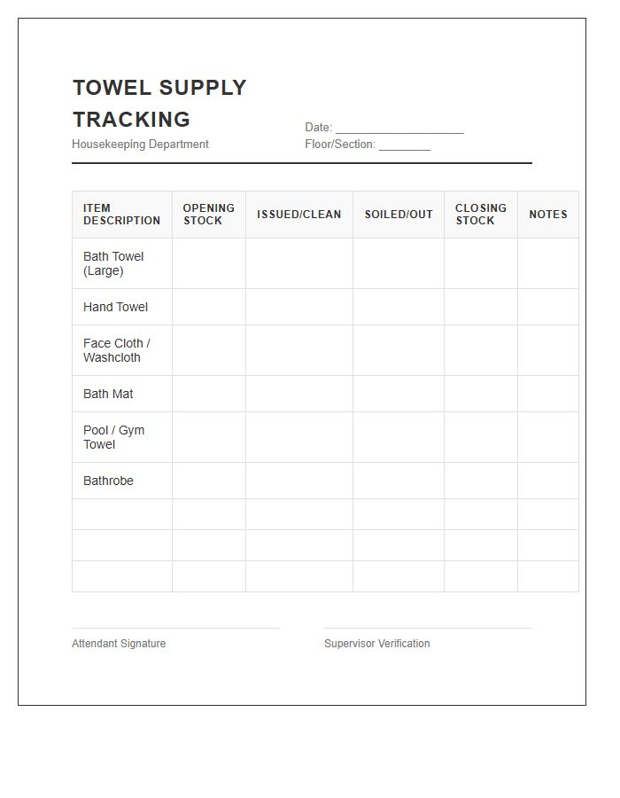 Housekeeping Towel Supply Tracking Printable Chart