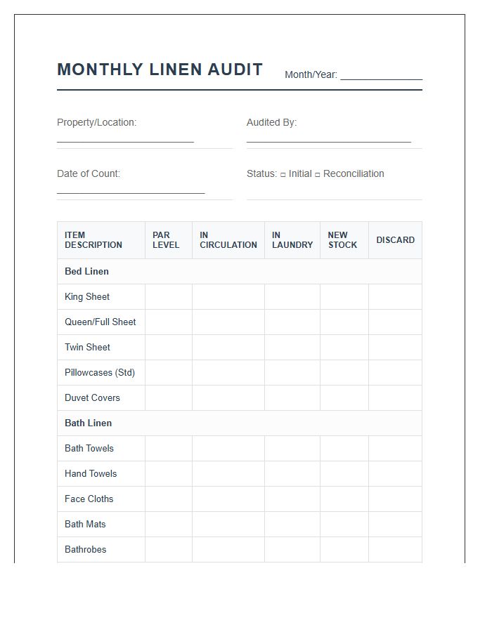 Monthly Hotel Linen Audit Printable Chart