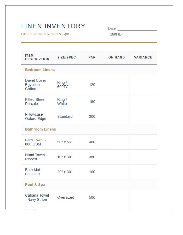 Premium Resort Linen Inventory Printable Chart