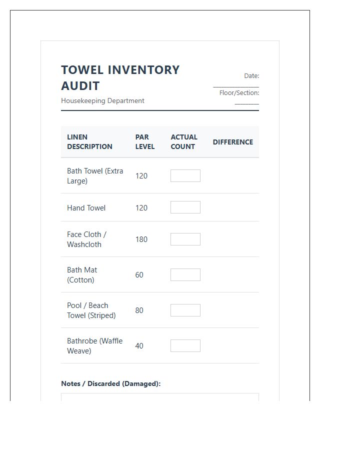 Professional Hotel Towel Count Printable Chart