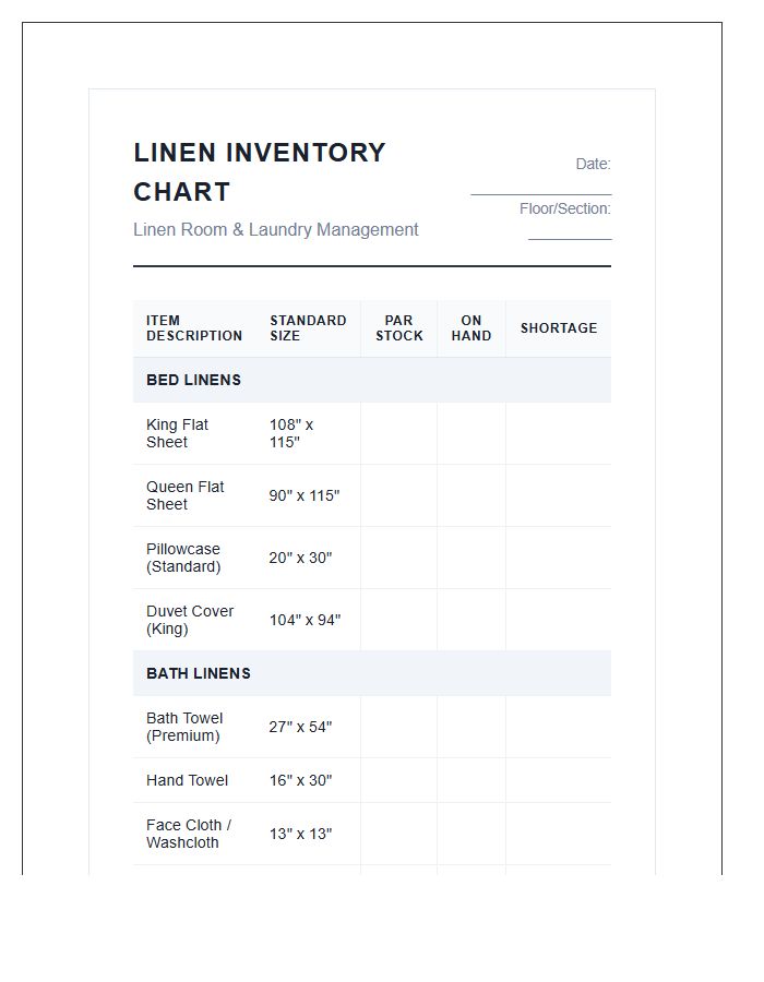 Standard Hotel Linen Room Printable Chart
