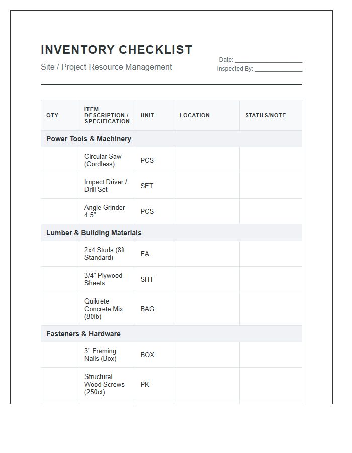 Building Material And Tool Inventory Printable Chart