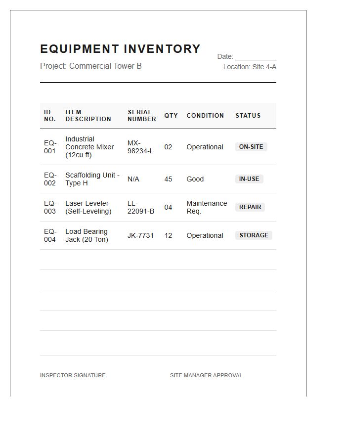 Commercial Project Equipment Inventory Printable Chart