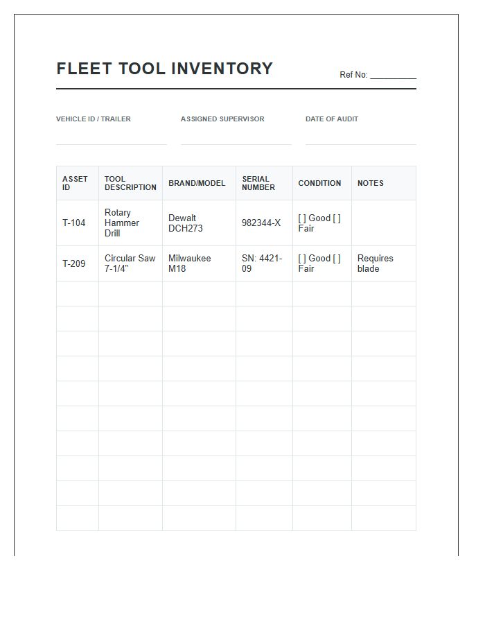 Contractor Fleet Tool Inventory Printable Chart