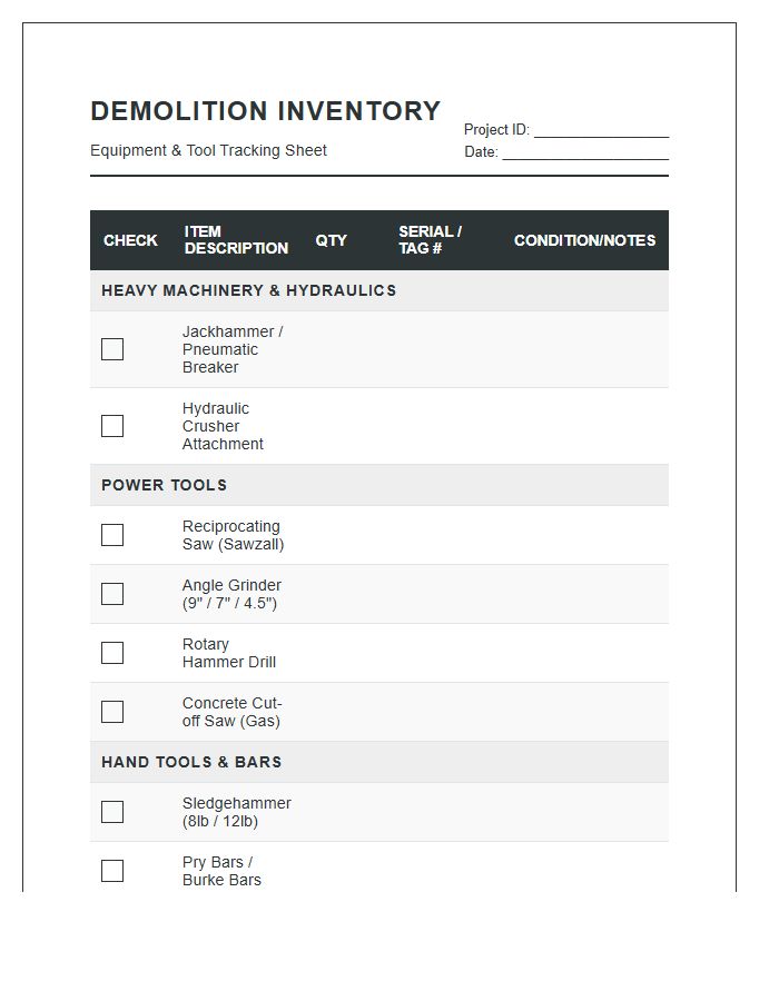 Demolition Equipment And Tool Inventory Printable Chart