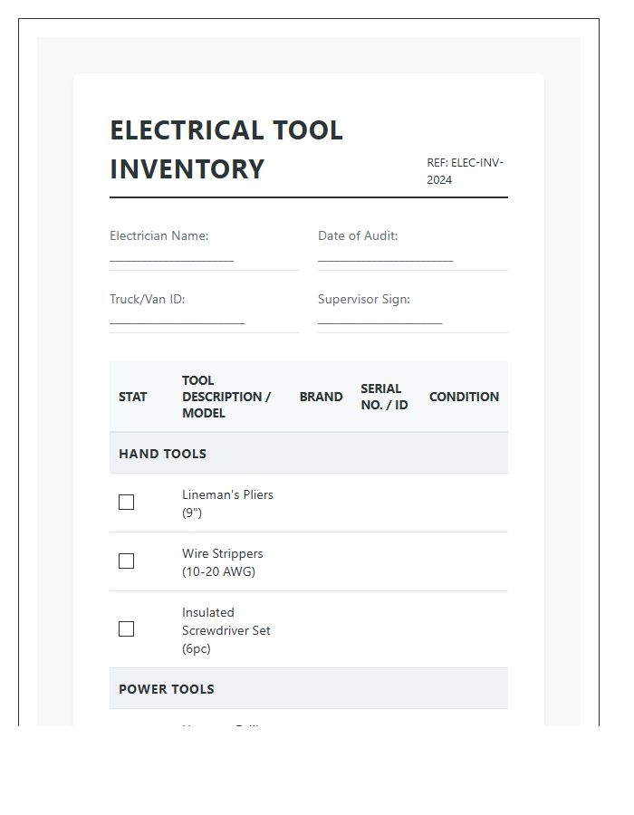 Electrical Trade Tool Inventory Printable Chart