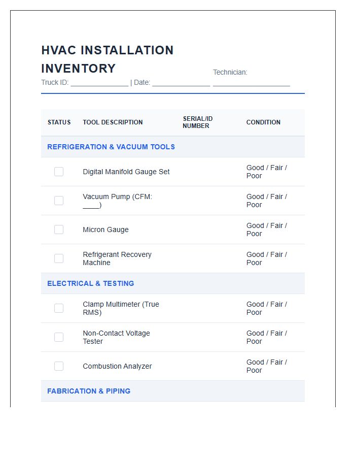 HVAC Installation Tool Inventory Printable Chart