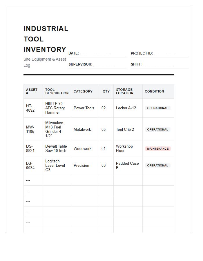 Industrial Construction Tool Inventory Printable Chart