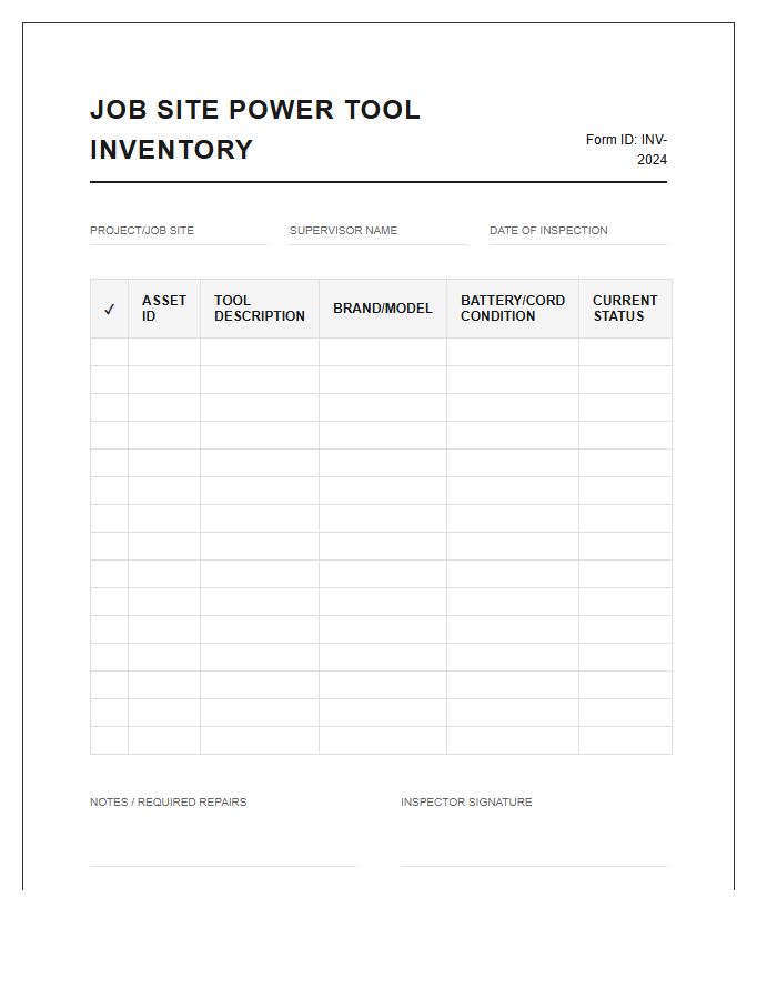Job Site Power Tool Inventory Printable Chart