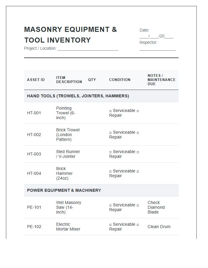 Masonry Equipment And Tool Inventory Printable Chart