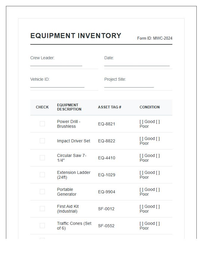 Mobile Work Crew Equipment Inventory Printable Chart