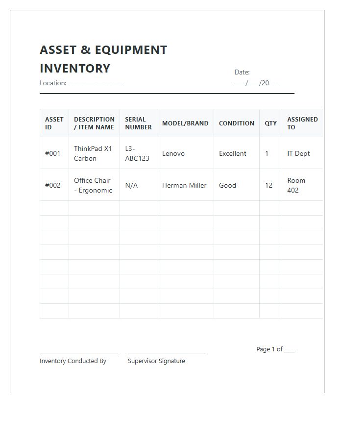 Onsite Asset And Equipment Inventory Printable Chart