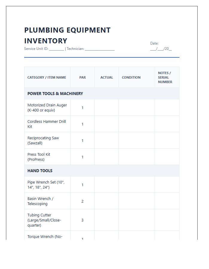 Plumbing Service Equipment Inventory Printable Chart
