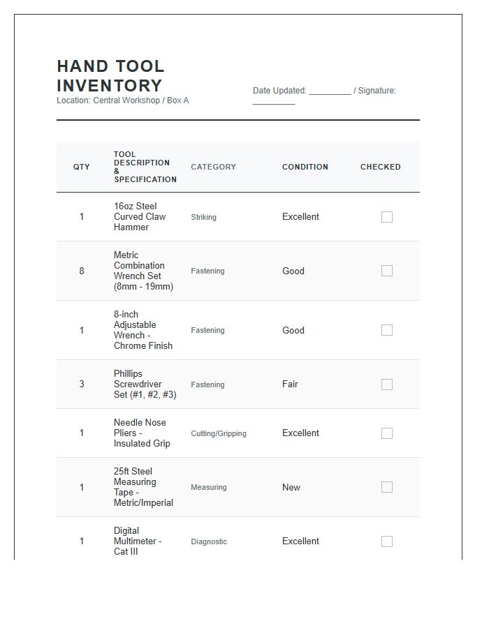 Professional Hand Tool Inventory Printable Chart