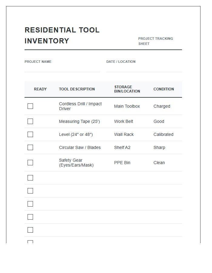 Residential Project Tool Inventory Printable Chart