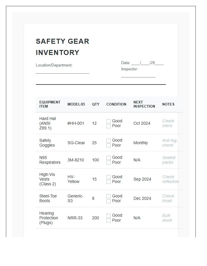 Safety Gear And Equipment Inventory Printable Chart