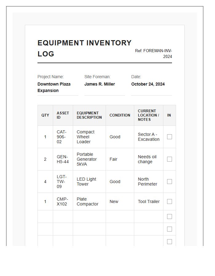 Site Foreman Equipment Inventory Printable Chart