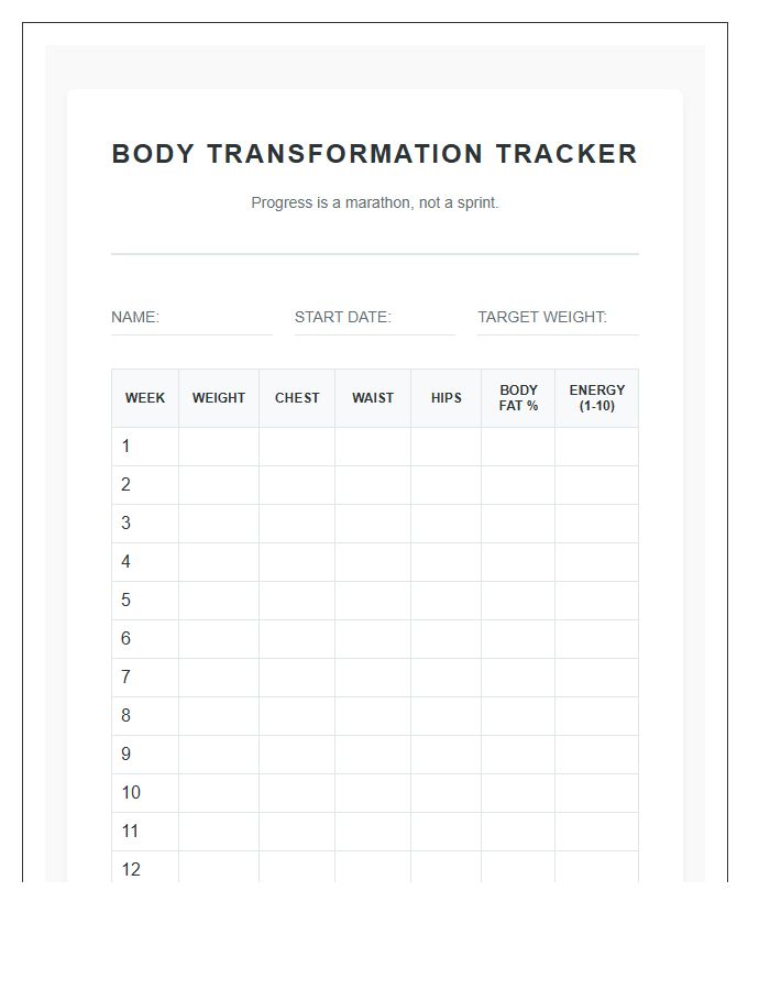 Body Transformation Journey Printable Chart