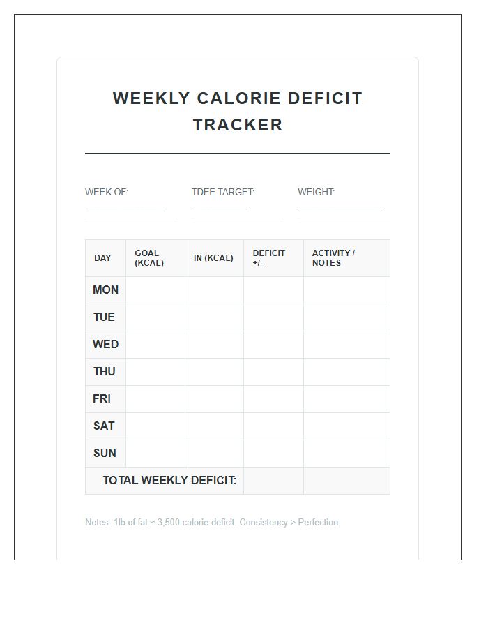 Calorie Deficit Monitoring Printable Chart