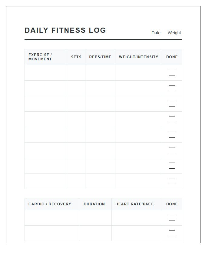 Daily Fitness Progress Printable Chart
