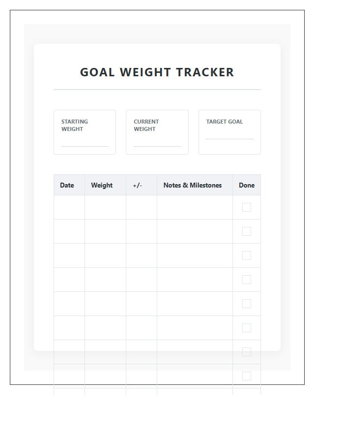 Goal Weight Achievement Printable Chart
