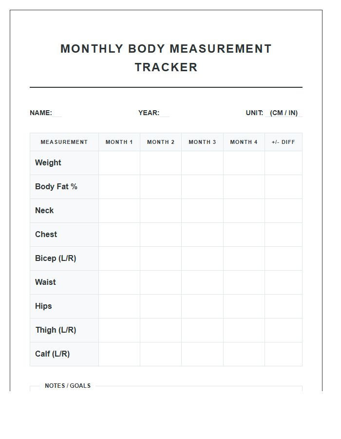 Monthly Body Measurement Printable Chart