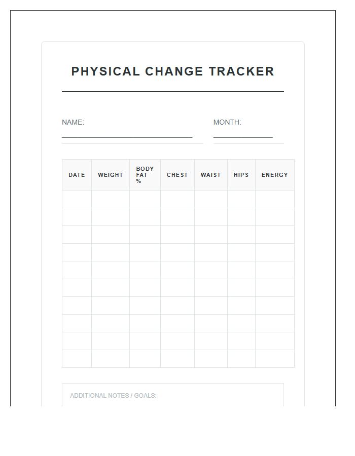 Physical Change Tracking Printable Chart
