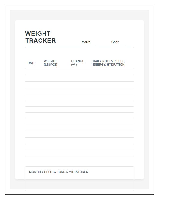Visual Weight Tracking Printable Chart