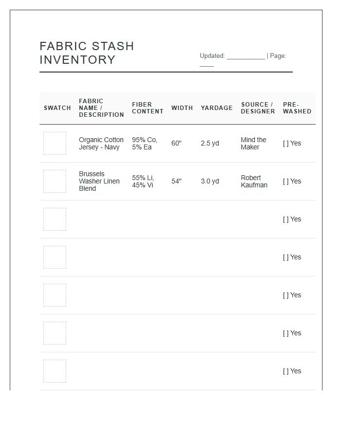 Comprehensive Fabric Stash Inventory Printable Chart