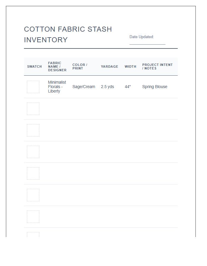 Cotton Fabric Stash Inventory Printable Chart